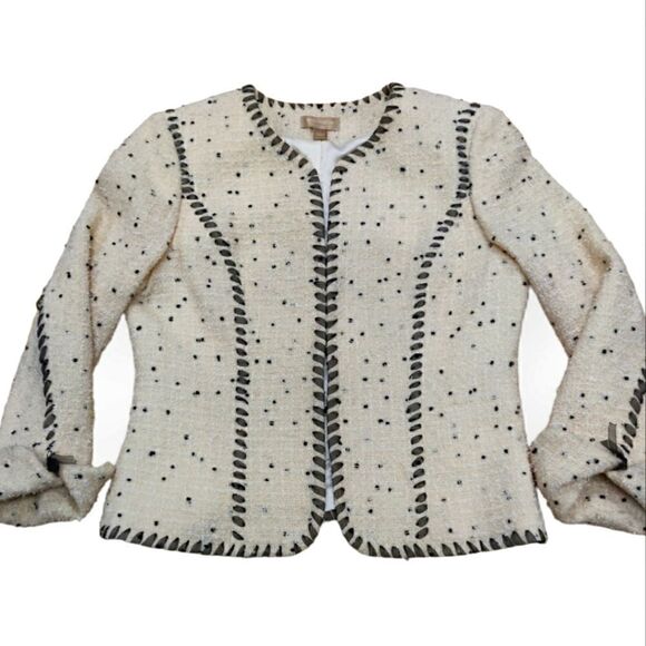 Nordstrom Studio 121 Cream Lace trim tweed wool blend cardigan blazer jacket L - Picture 1 of 8